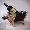 Wine Bottle with Red Wine Glasses on Ornate Wooden Rack with Intricate Carvings