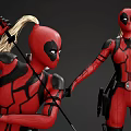 Female Game Movie Characters In Red Black Costumes With Twin Ponytails And Weapons