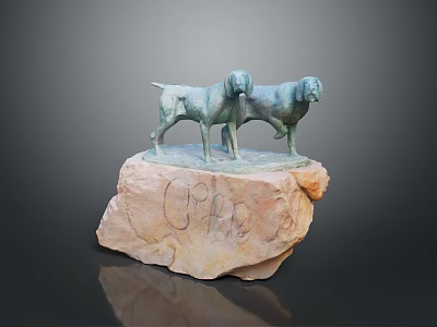 Two Bronze Hound Statues Standing On Stone Base Engraved CRAB Inscription 3d model