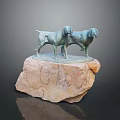 Two Bronze Hound Statues Standing On Stone Base Engraved CRAB Inscription