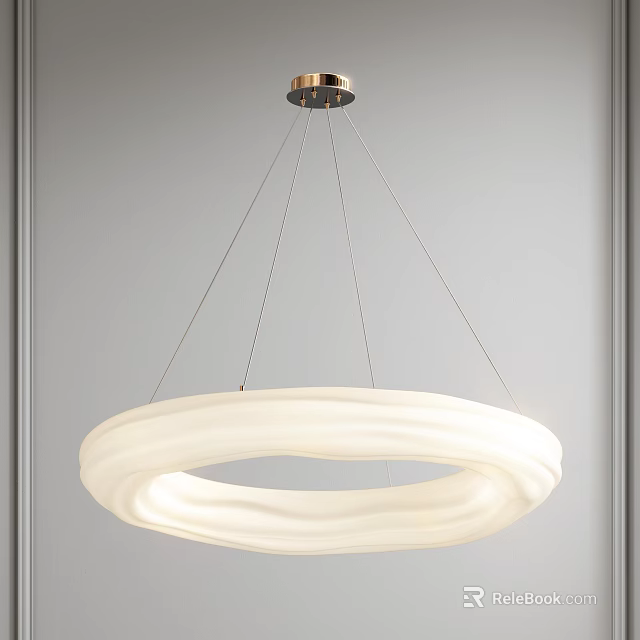 Modern White Circular Chandelier With Wavy Texture Suspended By Metal Wires 3d model 