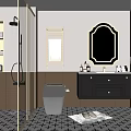 Bathroom Interior Design With White Toilet Black Vanity Gold Framed Mirror And Checkered Floor Tiles