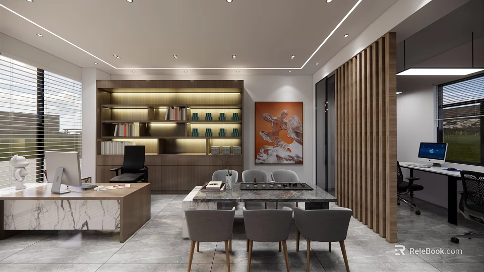 Modern Office Interior Design With Open Bookshelves Marble Table Wooden Partition And Art Painting 3d model 