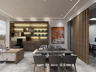 Modern Office Interior Design With Open Bookshelves Marble Table Wooden Partition And Art Painting 3d model