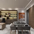 Modern Office Interior Design With Open Bookshelves Marble Table Wooden Partition And Art Painting