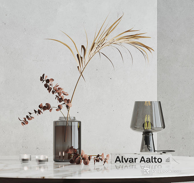 Minimalist Decorative Ornament Set With Glass Vase Plant Leaves Table Lamp And Candle Holders 3d model 