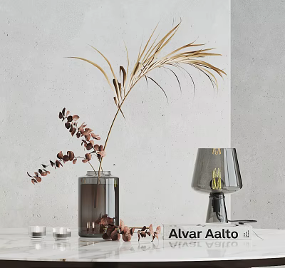 Minimalist Decorative Ornament Set With Glass Vase Plant Leaves Table Lamp And Candle Holders 3d model