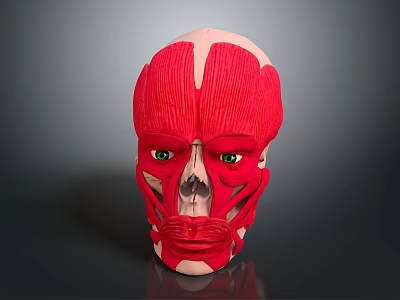 Red Anatomical Human Head Muscle Model Showing Detailed Facial Muscle Structure 3d model