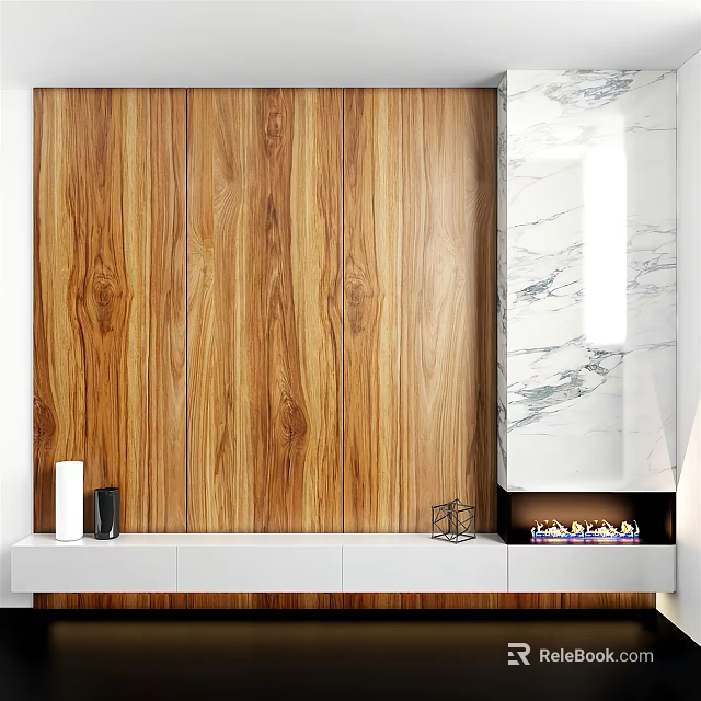 Wooden Panel TV Wall With Marble Accent And White Console Decorative Accessories 3d model 