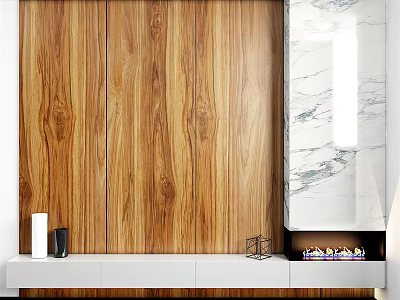 Wooden Panel TV Wall With Marble Accent And White Console Decorative Accessories 3d model