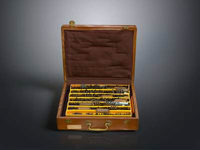 Vintage Open Wooden Case With Brass Clasps And Yellow Black Hand Tools 3d model