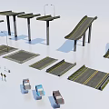 Diverse Public Facilities Components Including Platforms Street Lamps Pavements And Benches