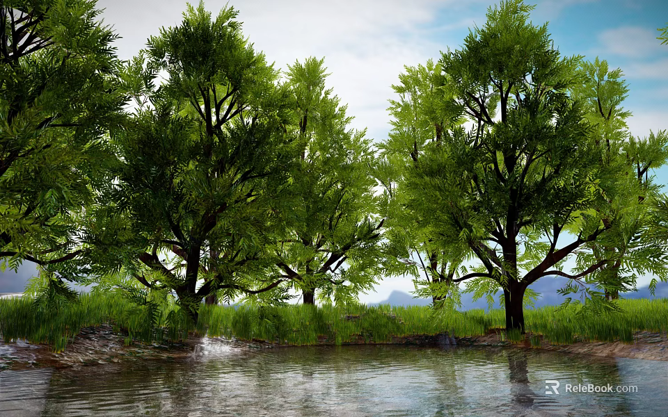 Lush Green Arbor Trees by Calm Water with Grass and Distant Mountains 3d model 