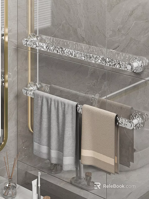 Crystal Decor Bathroom Cabinet Rack With Gray And Beige Towels On Gray Marble Wall 3d model 