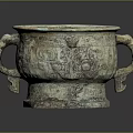 Ancient Bronze Vessel With Double Handles Intricate Carvings And Decorative Base
