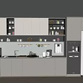 Pantry Interior With White Cabinets Shelves Various Cups Jars Coffee Machine Refrigerator Herringbone Wooden Floor