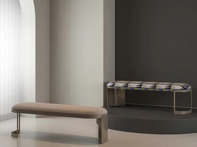 Stylish Beige Bench With Metal Legs And Colorful Patterned Cushion Bench On Dark Platform 3d model