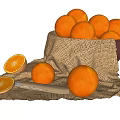 Ceramic Bowl Filled With Fresh Oranges On Burlap Cloth With Sliced Oranges And Wooden Knife
