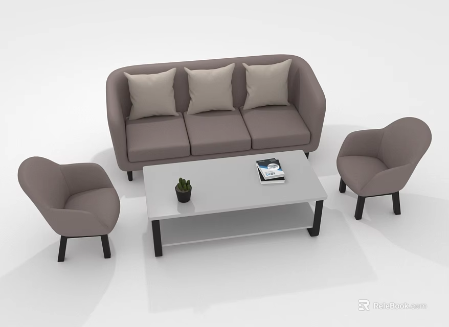 Modern Living Room Furniture Set With Sofa Chairs Coffee Table Cushions Plant And Book 3d model 