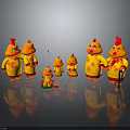 Cartoon Chick Characters in Yellow Outfits Red Combs Holding Walking Canes Gray Background Reflections