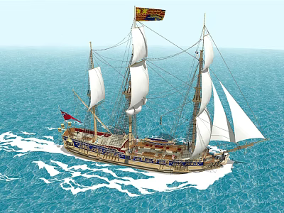 Traditional Sailing Ship with White Sails Flying Flags on Blue Ocean Waters 3d model