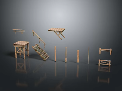 Wooden Scene Components Including Staircase Platform Railing Posts And Beams 3d model