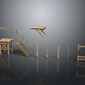 Wooden Scene Components Including Staircase Platform Railing Posts And Beams