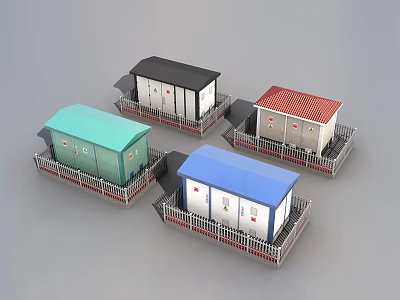 Miniature Building Models With Colored Roofs Fences And Various Colors Green Black Red Blue 3d model
