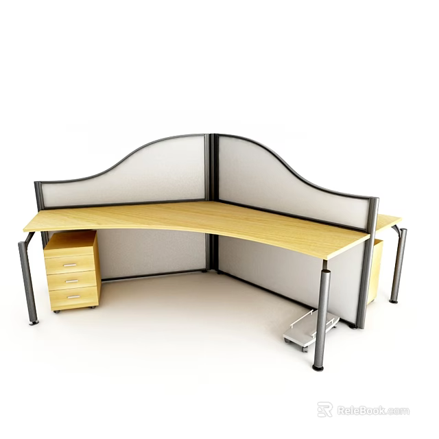 L Shaped Office Desk With Wooden Top Partition Panels And Drawer Storage 3d model 