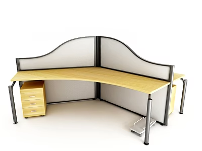 L Shaped Office Desk With Wooden Top Partition Panels And Drawer Storage 3d model