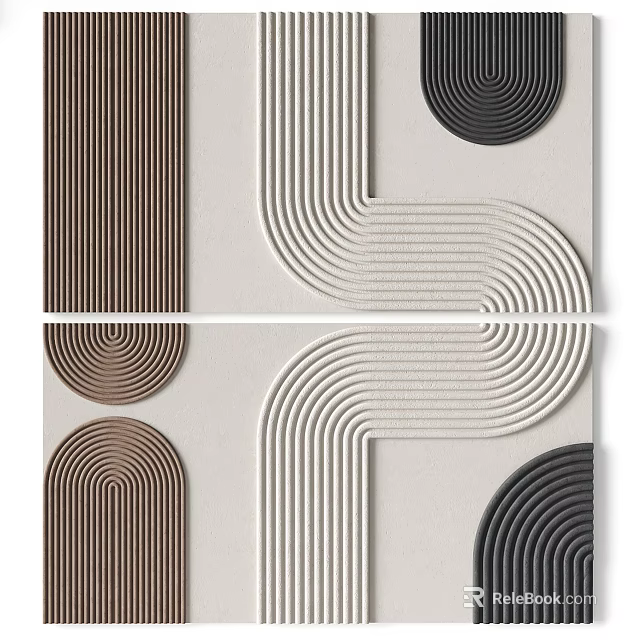 Square Rug With Modern Geometric Curved Lines And Neutral Brown Black Beige Patterns 3d model 
