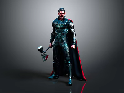 Armored Character With Axe And Black Red Cape Standing On Gray Background 3d model