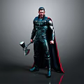 Armored Character With Axe And Black Red Cape Standing On Gray Background