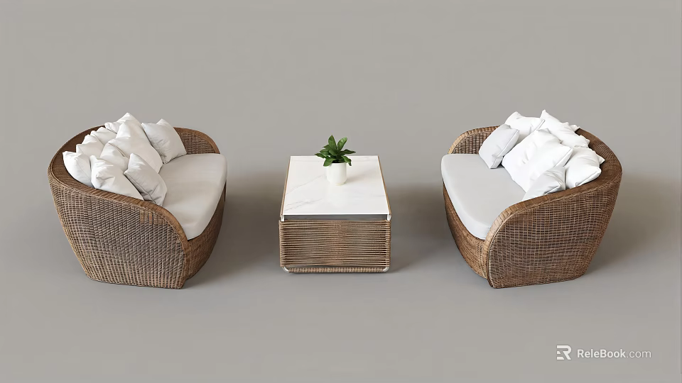 Leisure Sofa Combination with Rattan Design White Cushions and Coffee Table with Potted Plant 3d model 