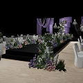 Elegant Banquet Hall With Purple Decor White Chairs Stage And Fresh Flowers