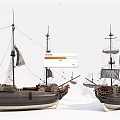 Two Vintage Wooden Sailing Ships With Tall Masts And Raised Sails Facing Each Other