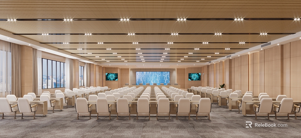 Modern Spacious Conference Room Interior With Rows Of Seats Large Screens And Ceiling Lighting 3d model 