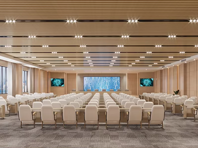 Modern Spacious Conference Room Interior With Rows Of Seats Large Screens And Ceiling Lighting 3d model