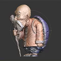 Cartoon Old Man Character With Bald Head Long Beard Orange Coat And Wooden Staff