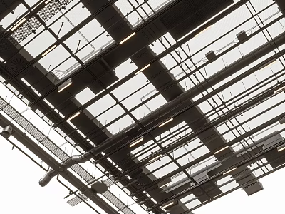 Industrial Style Ceiling Design With Exposed Metal Frames Pipes Grilles And Lighting 3d model