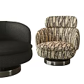 Modern Leisure Chairs With Black Round Design And Patterned Beige Black Upholstery Metal Base