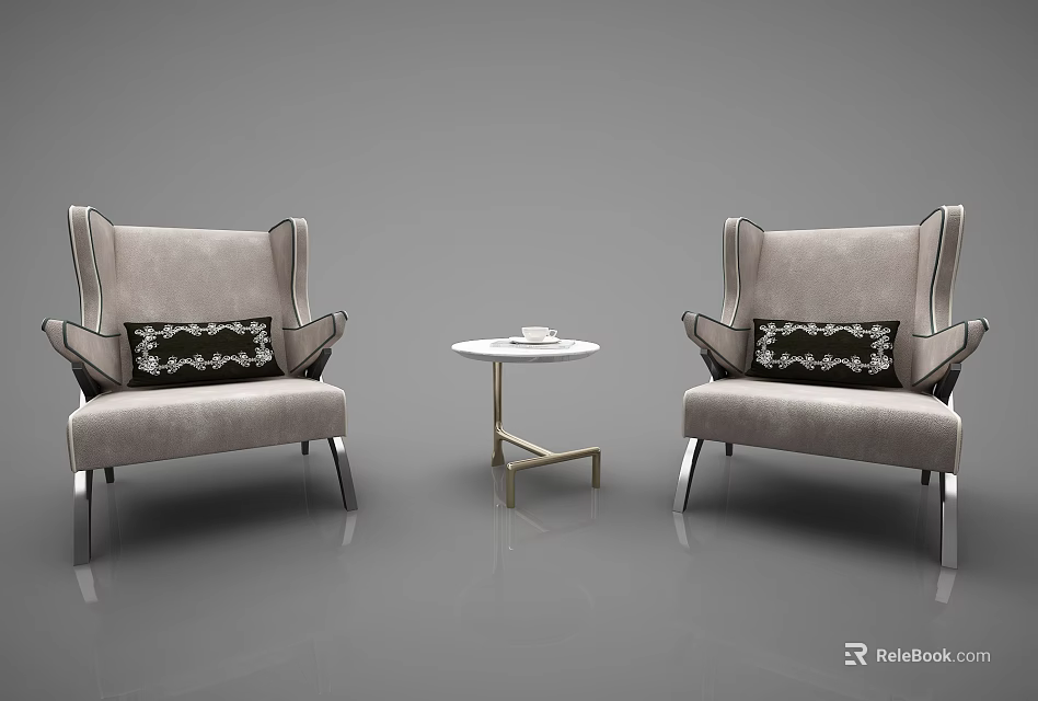 Elegant Casual Sofa Set With Two Armchairs Round Coffee Table And Decorative Pillows 3d model