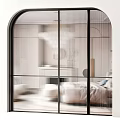 Modern Glass Sliding Doors with Black Frames Vertical Stripes and Round Accents for Interior Partition