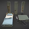 Medical Patient Bed With Blue Bedding Clinical Storage Cabinets And Hospital Tables Chairs