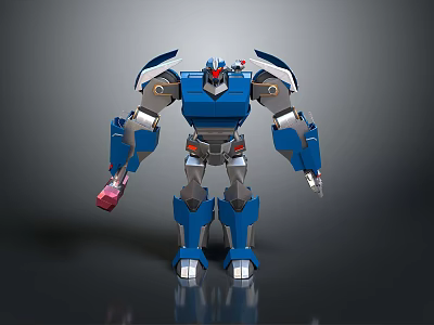 Blue Mechanical Robot Character With Armored Body Red Accents And Standing Pose Design 3d model