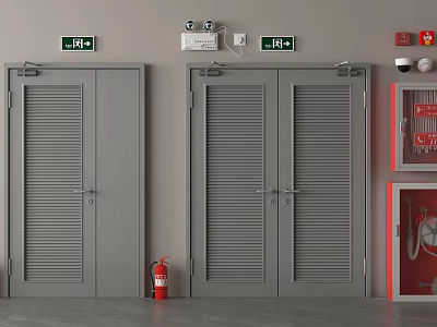 Fire Safety Equipment Setup With Fire Doors Exit Signs Red Extinguisher And Cabinet 3d model