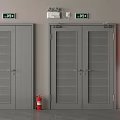 Fire Safety Equipment Setup With Fire Doors Exit Signs Red Extinguisher And Cabinet