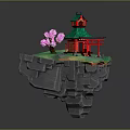 Red Traditional Building With Green Roof On Floating Island Torii Gate And Pink Tree