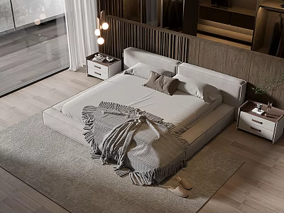 Modern Double Bed With Wooden Headboard Nightstands Gray Blanket Pillows Wooden Floor And Area Rug 3d model