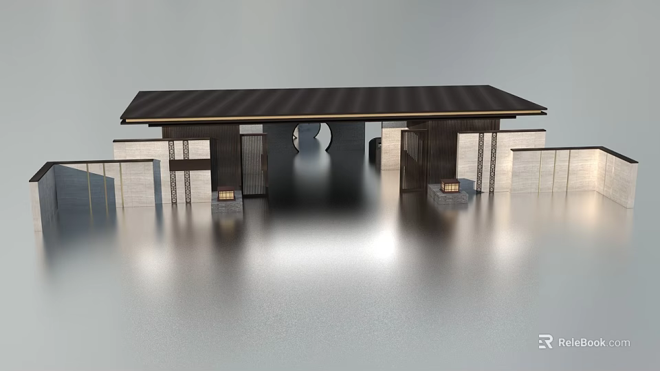 Traditional Chinese Entrance Gate With Black Roof Symmetric Design And Stone Walls 3d model 